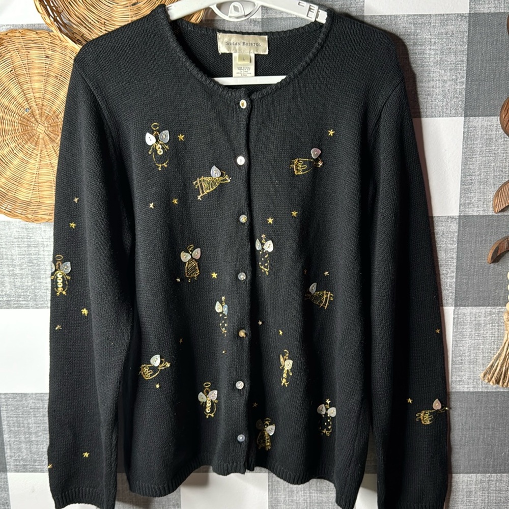 Vtg Susan Bristol Cardigan Holiday Angel